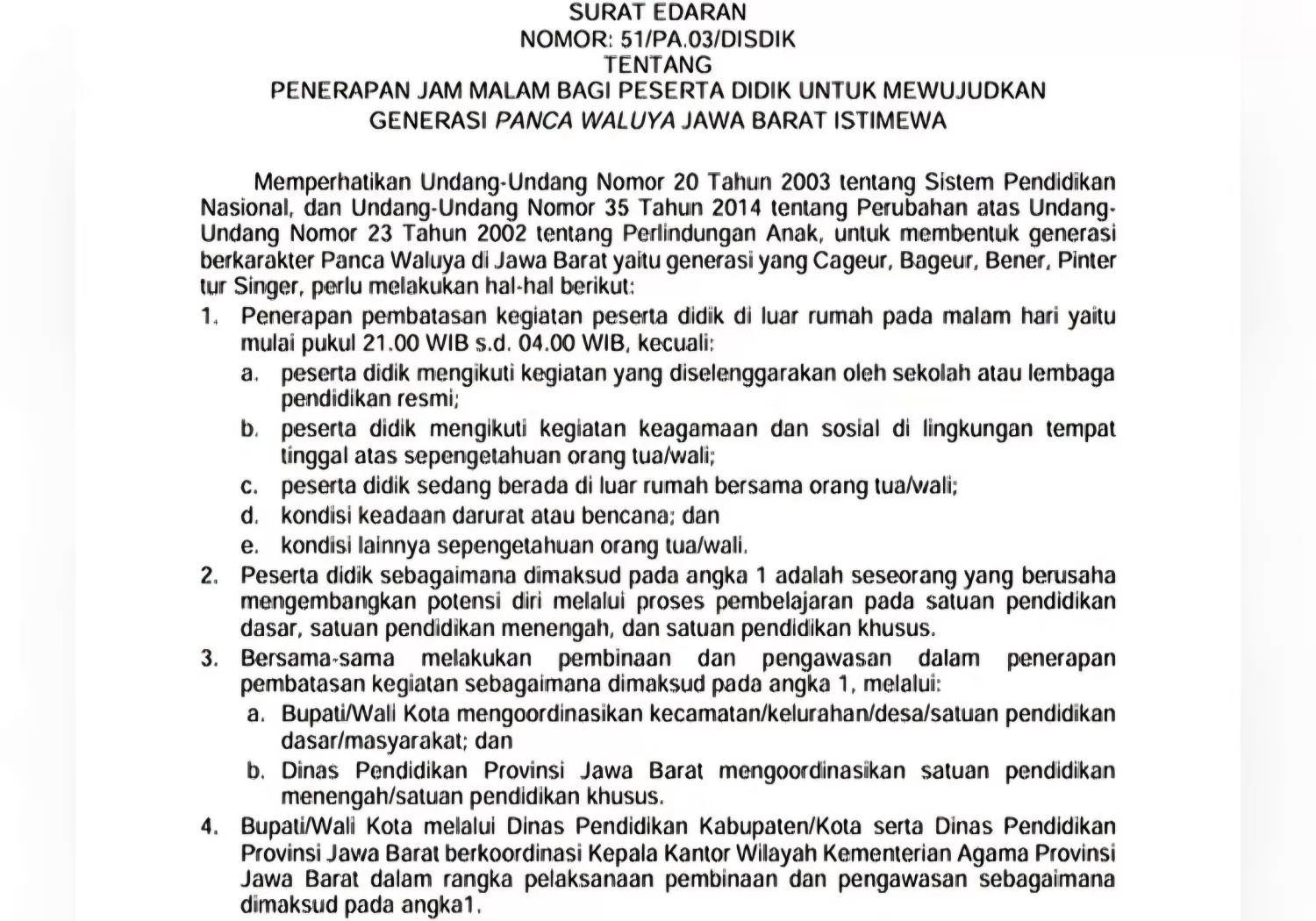Isi surat edaran gubernur tentang penerapan jam malam bagi pelajar se-Jawa Barat.