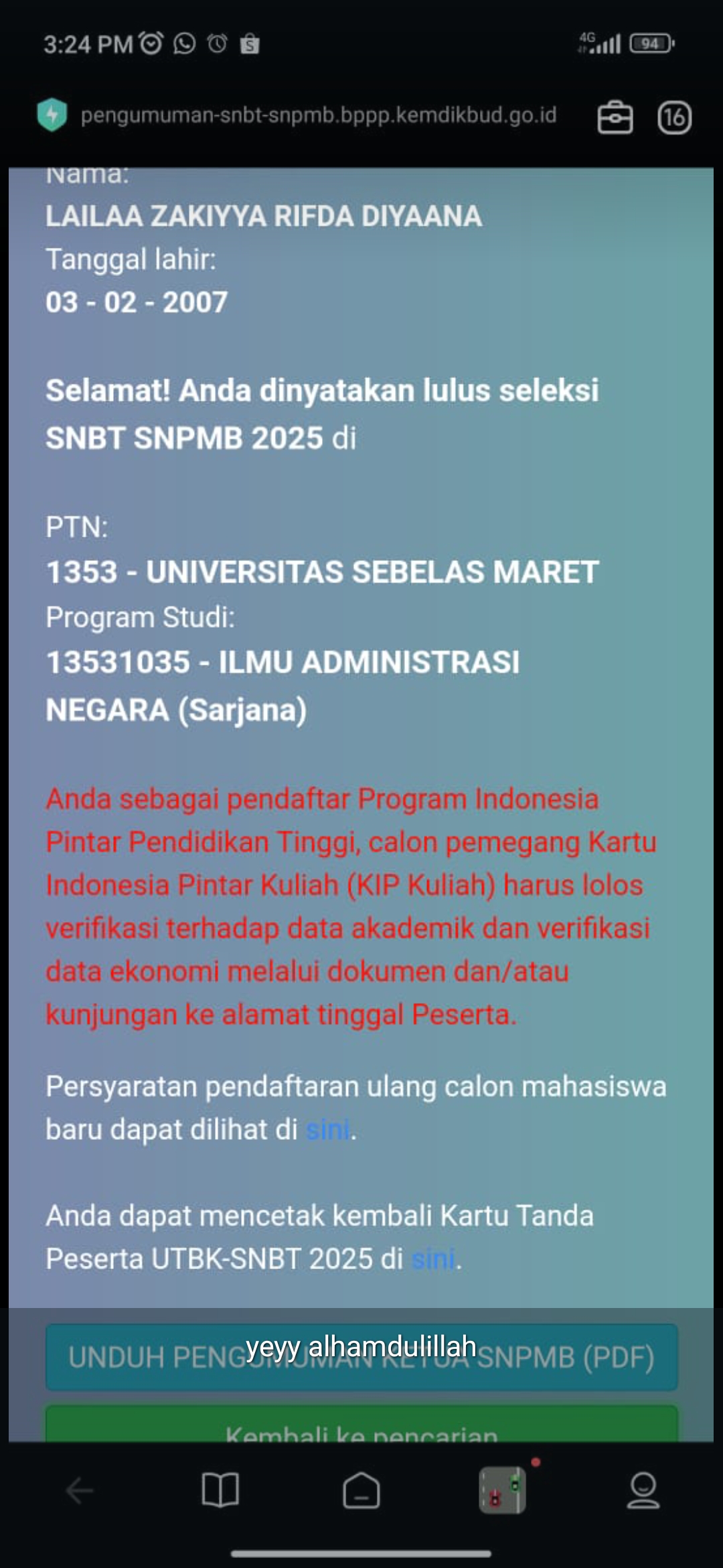 Contoh tampilan layar SNPMB calon penerima KIP Kuliah.