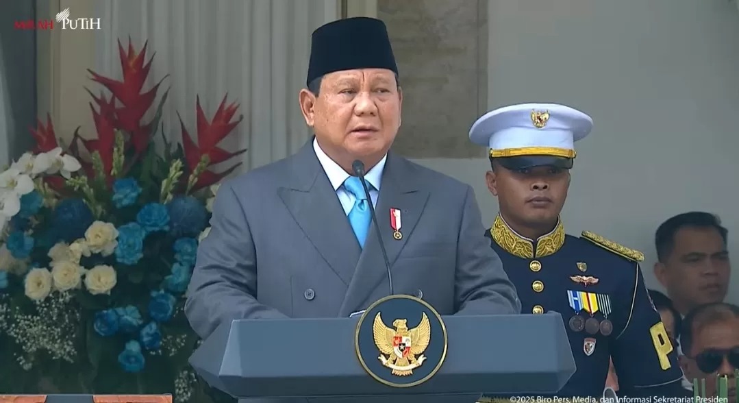 Presiden Prabowo Subianto saat menyampaikan sambutan dalam Upacara Peringatan Hari Lahir Pancasila di Halaman Gedung Pancasila, Jakarta, Senin (2/6/2025).