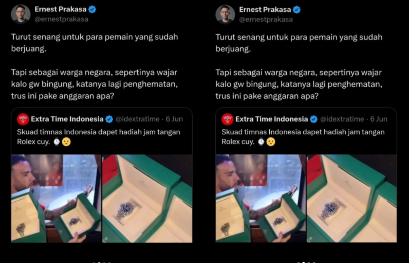 Ernest Prakasa saat kritisi kabar pemberian hadiah berupa jam tangan mewah merek Rolex kepada Timnas Indonesia.