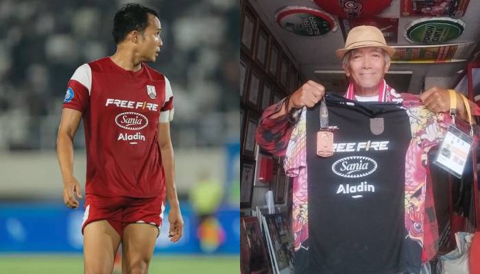 Pemilik Museum Titik Nol Pasoepati Mayor Haristanto (kanan) membawa medali pribadi, jersey latihan, dan id player milik Rian Miziar.