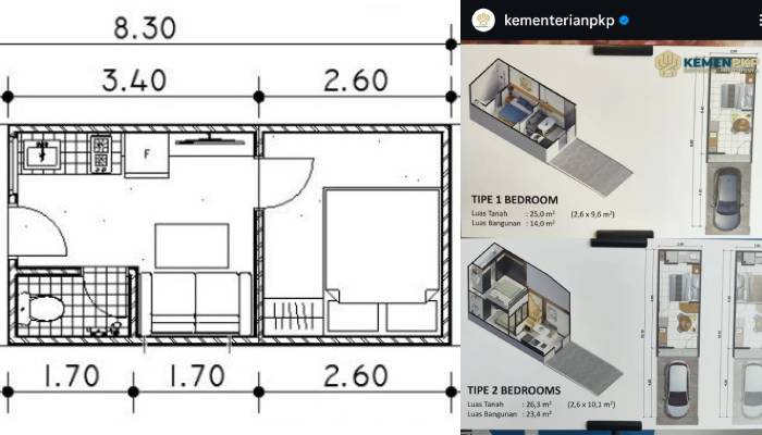 Desain rumah subsidi tipe 18 m persegi dari Kementerian Perumahan dan Kawasan Permukiman.