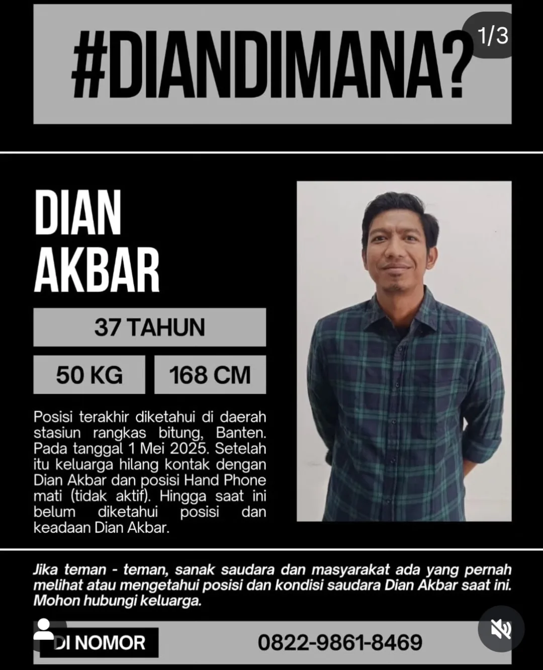 Poster orang hilang menunjukkan sosok Dian Akbar.
