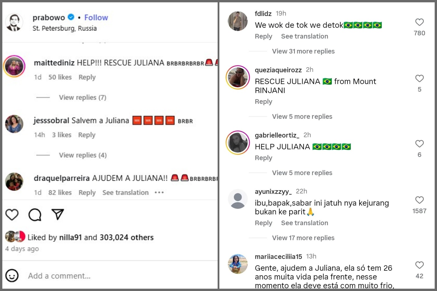 Kolase aksi netizen Brasil meyerbu akun Instagram @prabowo, meminta Juliana Marins segera diselamatkan.