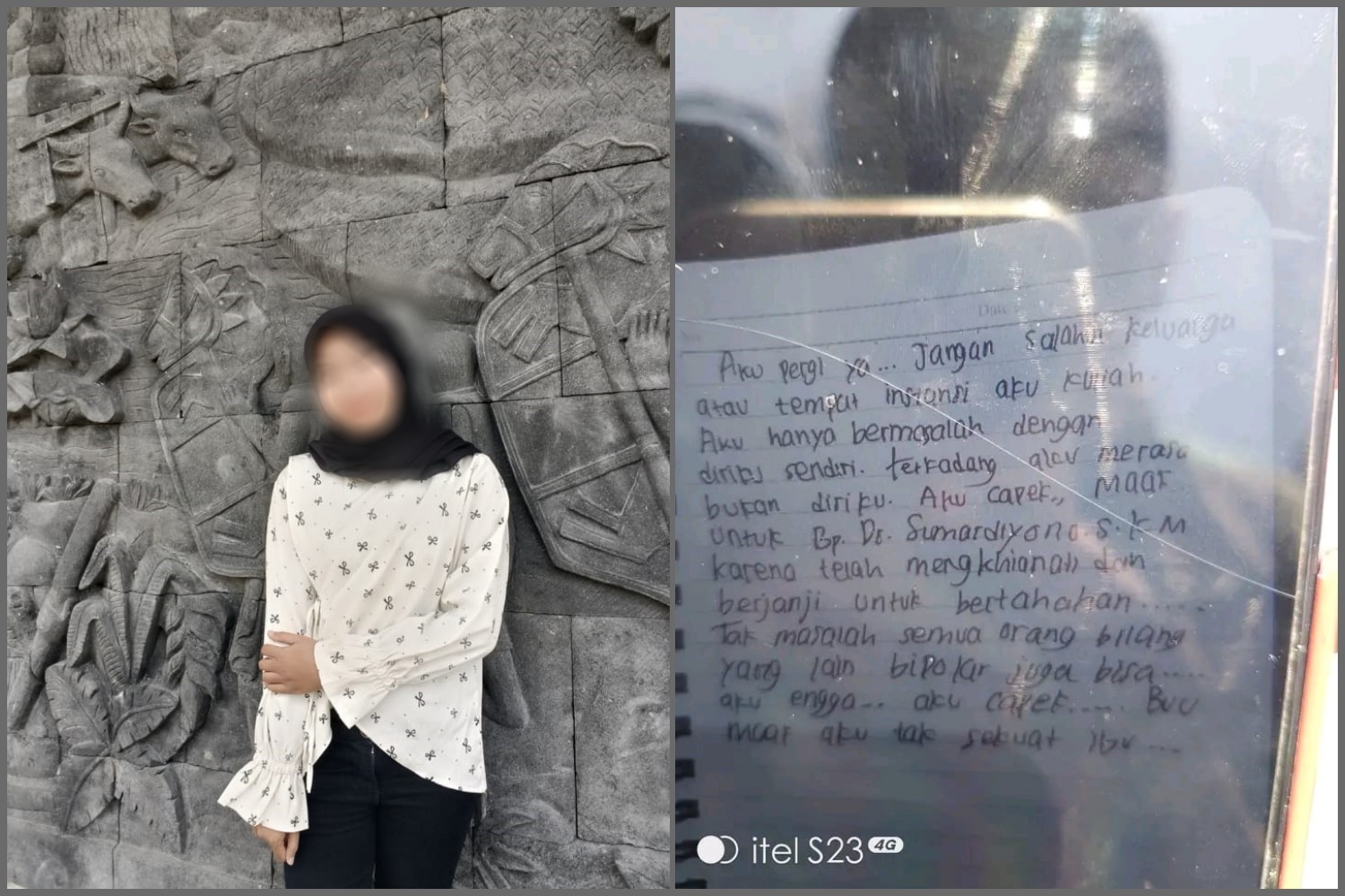 Mahasiswi UNS yang diduga akhiri hidup dengan nekat meloncat dari Jembatan Jurug. (foto kanan) Surat wasiat tinggalan sang mahasiswi.