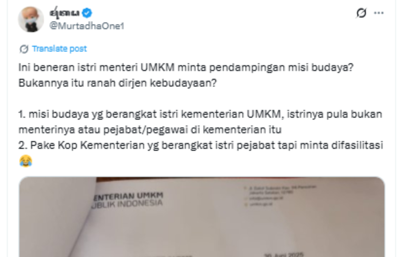 Unggahan X mengenai surat Agustina Hastarini.