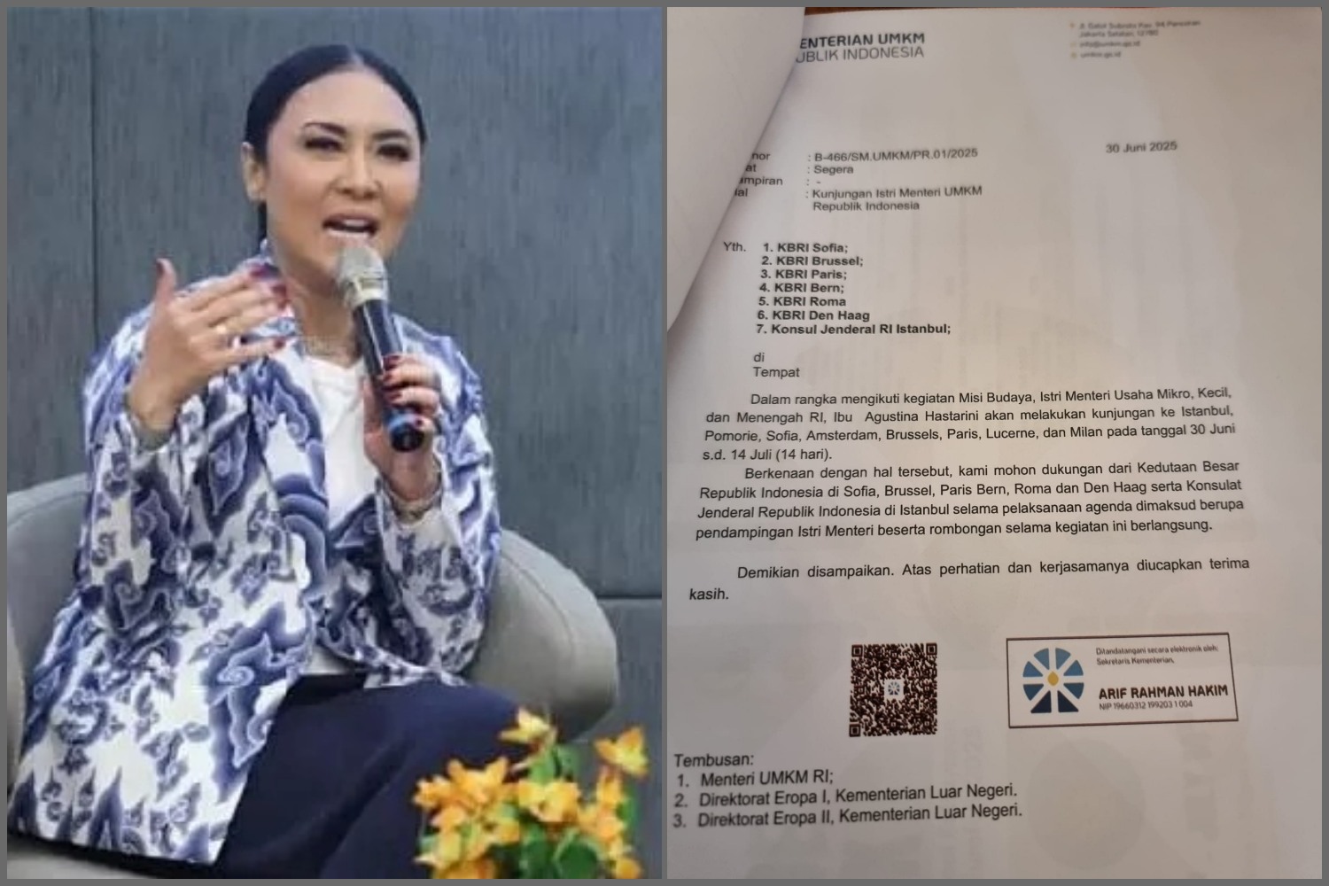 Sosok Agustina Hastarini (foto kiri), Surat Kementerian UMKM kepada KBRI di eropa untuk meminta fasilitas kepada istri dari Menteri UMKM Maman Abdurrahman, Agustina Hastarini viral di media sosial.