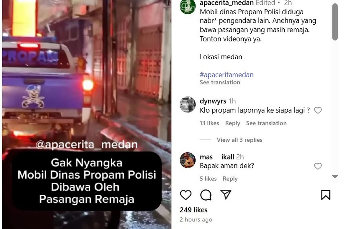 Mobil Propam Polres Tapanuli Selatan (Tapsel) tabrak lari di Jalan Pandu, Kota Medan, Sumut, Minggu (6/7/2025).