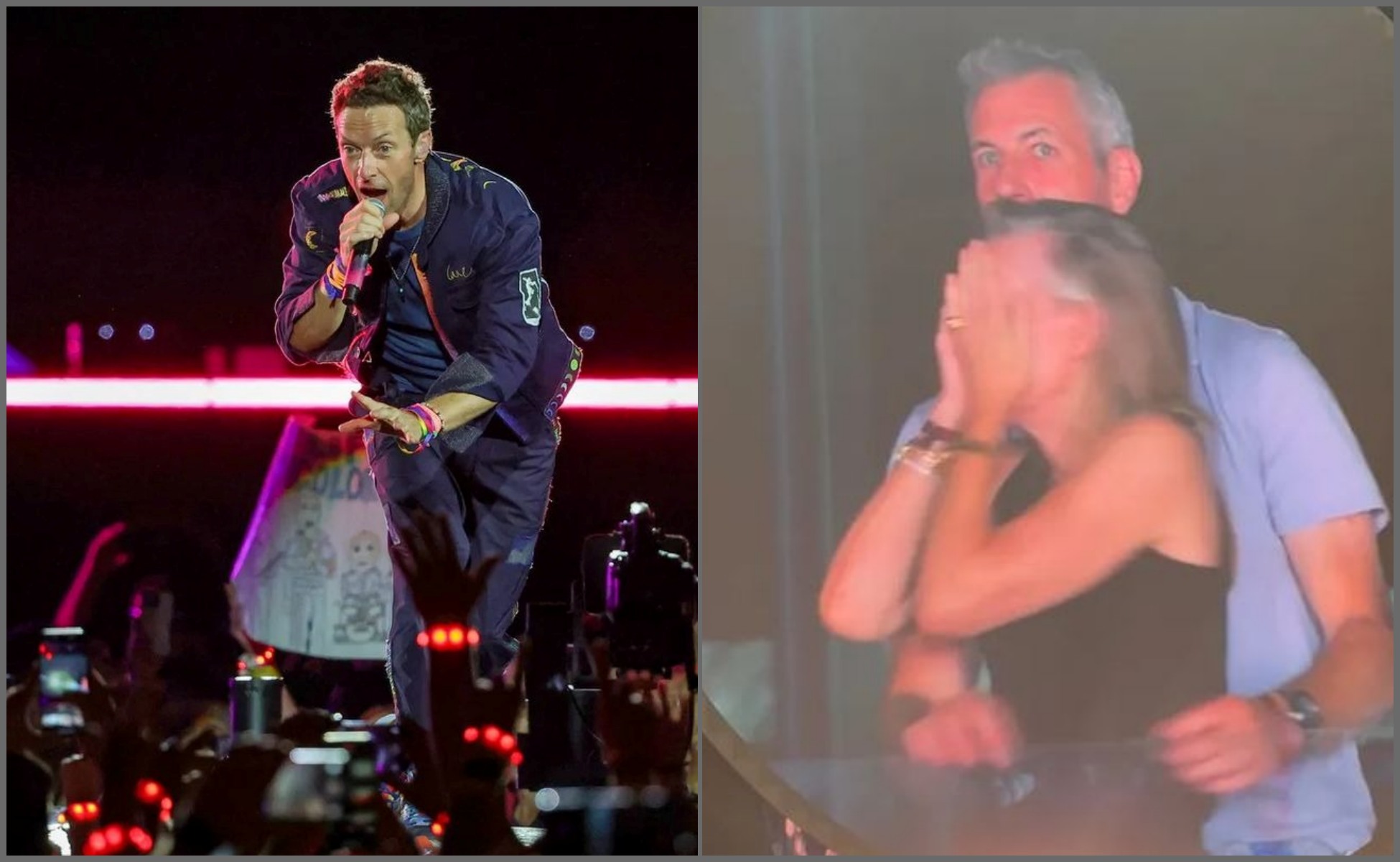 Kolase foto: Vocalis Coldplay, Chris Martin dalam konser di Las Vegas 2025 (kiri). Video viral pasangan selingkuh yang tertangkap kamera jumbotron di konser Coldplay.(kanan)