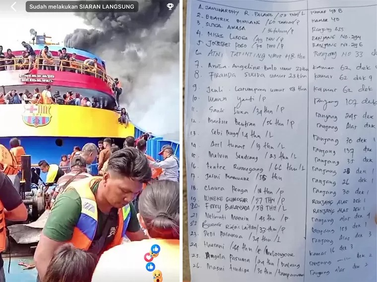 Suasana kepanikan di atas KM KM Barcelona V.A yang terbakar. Daftar Nama penumpang beredar di media sosial.