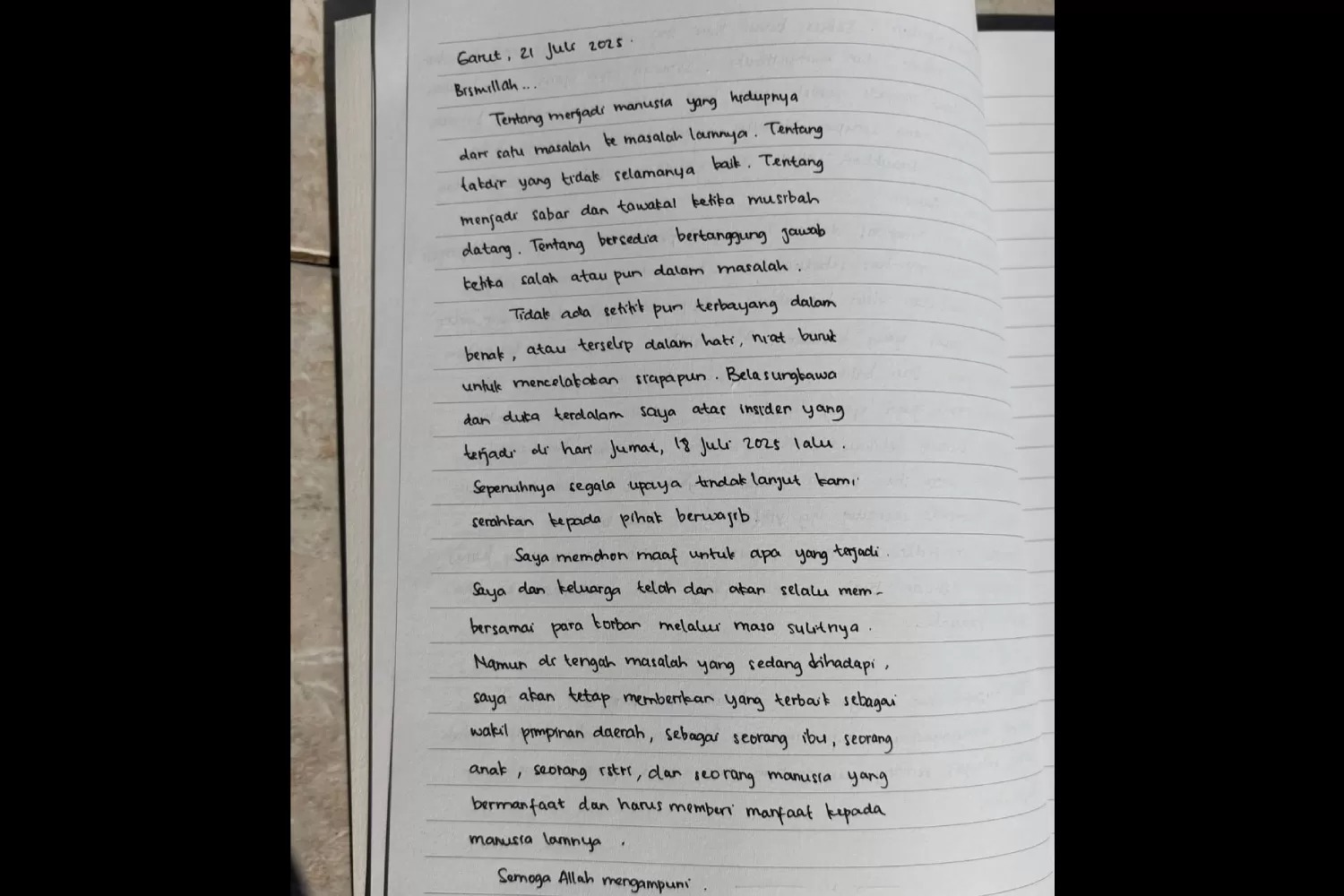 Surat terbuka yang diunggah Wabup Garut Putri Karlina di Instagram.