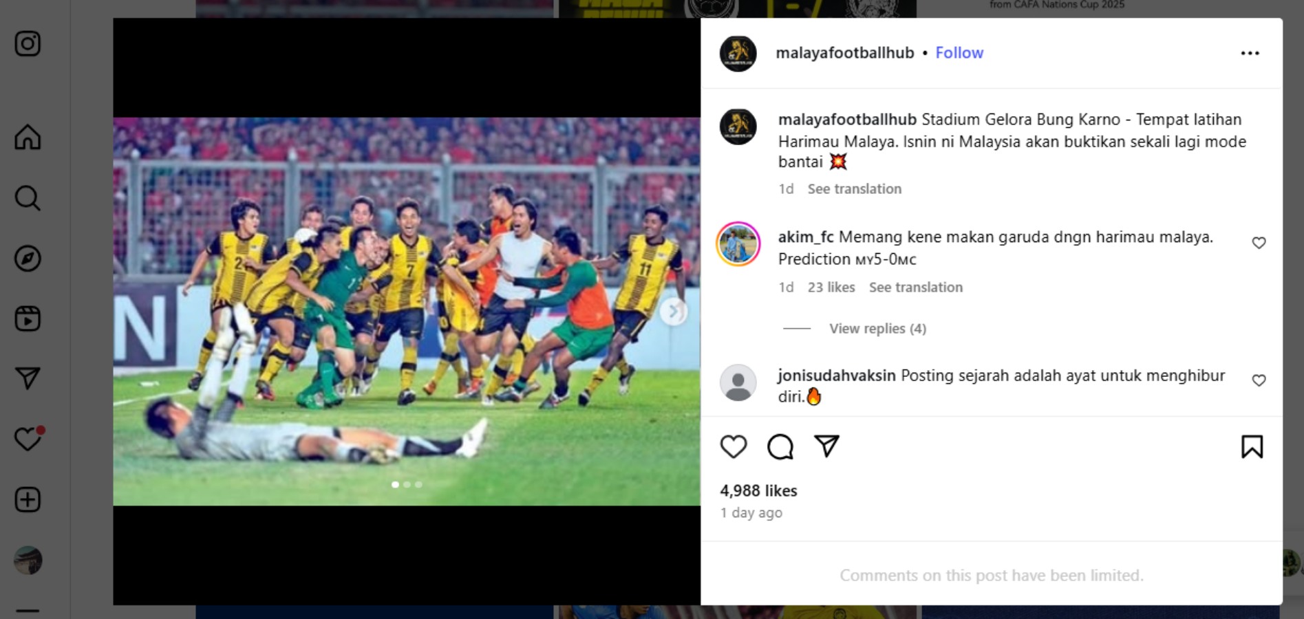 Screenshot akun fanbase @malaysiafootballhub yang sesumbar lewat unggahan di Instagram.