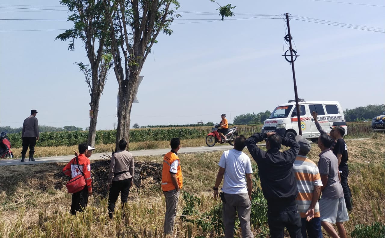Anggota Kepolisian dari Polsek Kebakramat dan anggota PLN setempat meninjau lokasi kejadian seorang kakek yang tersengat listrik saat mencari pakan ternak, Selasa (22/7/2025).