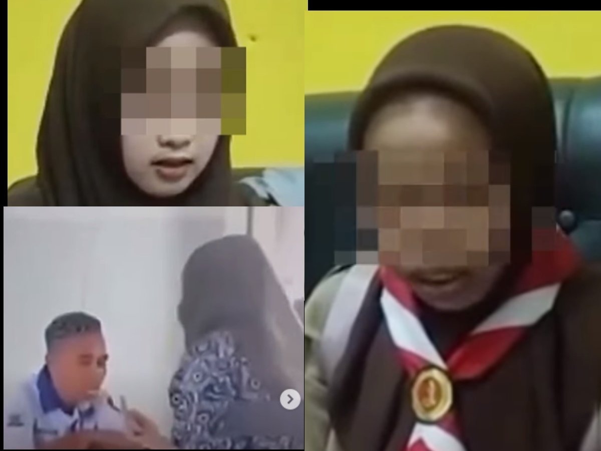 Kolase foto siswi acungkan jari tengah ke arah guru di dalam kelas.