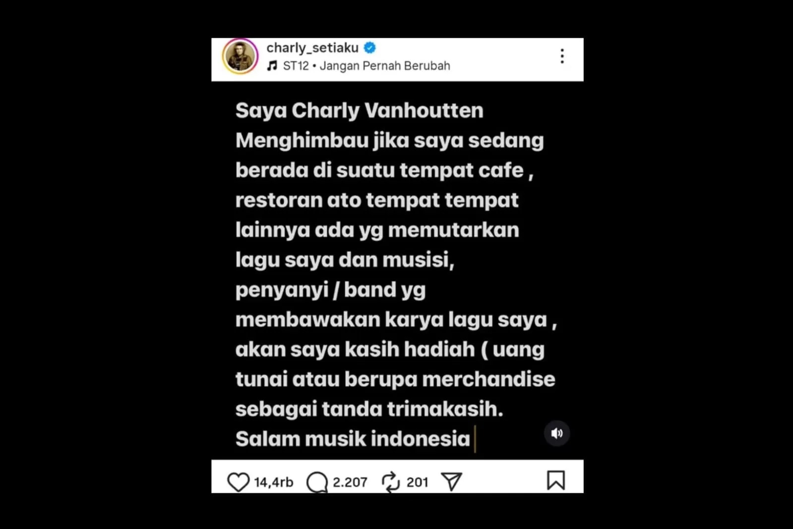Charly Van Houten akan memberikan hadiah kepada kafe dan resto yang memutar lagu karyanya, baik yang dibawakannya sendiri atau penyanyi lain.