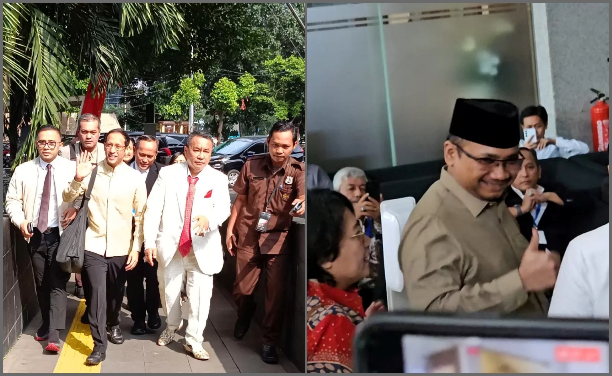 Kolase: Mantan Mendikbudristek Nadiem Makarim (kiri) dan mantan Menteri Agama (Menag) Yaqut Cholil Qoumas (kanan) memenuhi panggilan Komisi Pemberantasan Korupsi (KPK), Jakarta, Kamis (7/8/2025).