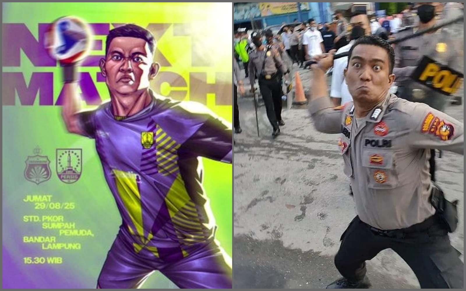 Desain meme Persis Solo (kiri) jelang laga lawan Bhayangkara FC yang mirip dengan meme populer yang menampilkan seorang polisi dengan gestur hendak memukul kamera menggunakan pentungan.