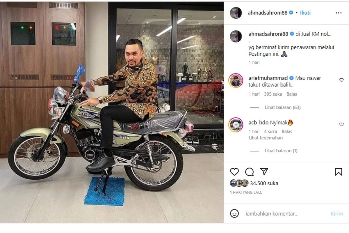 Politisi Ahmad Sahroni memajang RX-King koleksinya di laman Instagram pribadi.