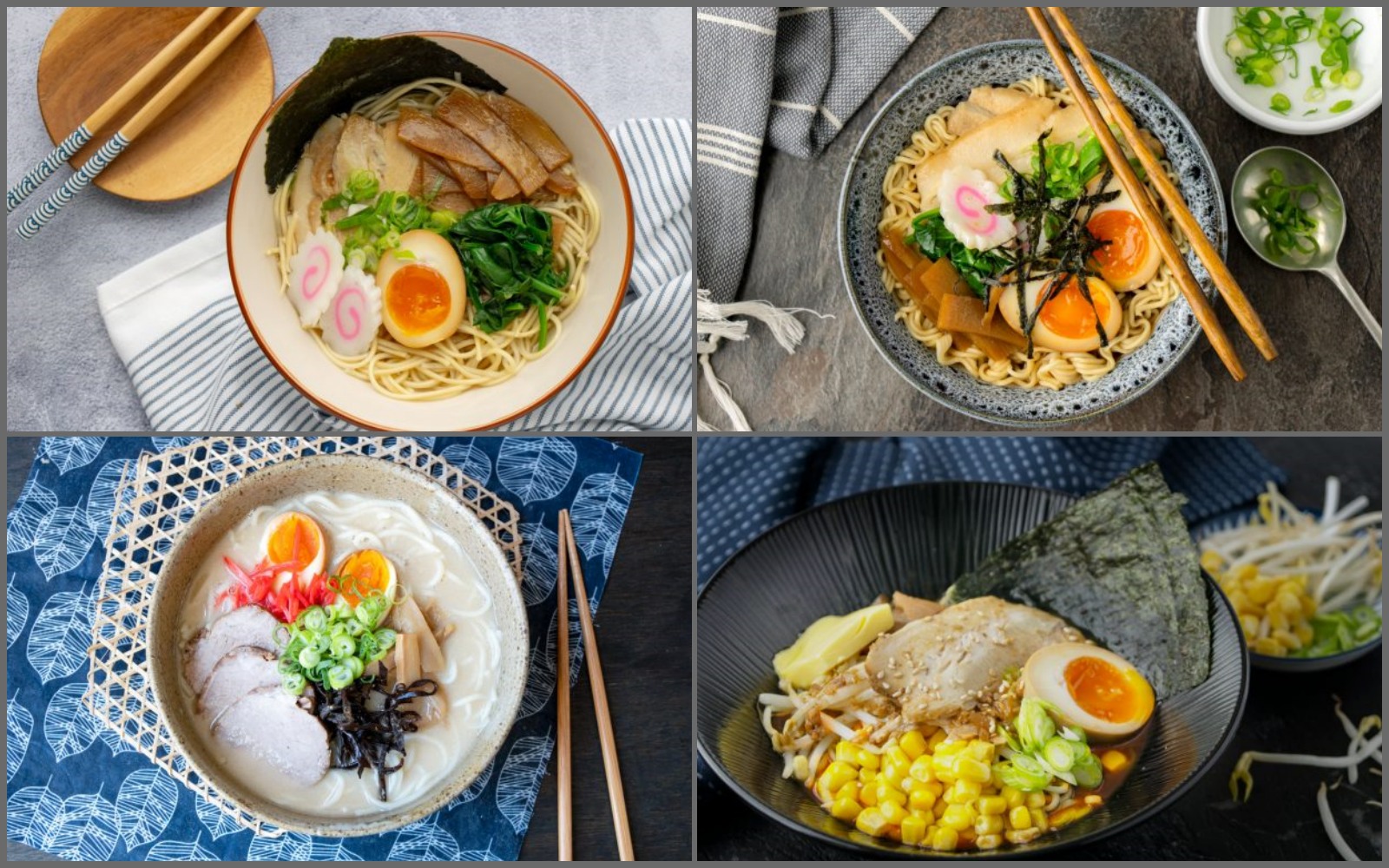 Searah jarum jam: Ini adalah Shio Ramen, Shoyu Ramen, Miso Ramen, dan Tonkotsu Ramen.