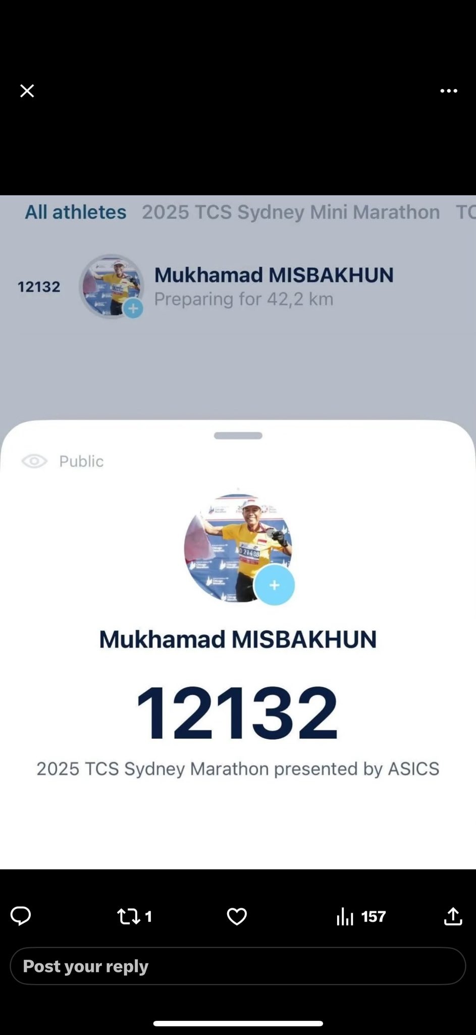 Nomor bib Ketua Komisi XI Mukhamad Misbakhun di Sydney Marathon.