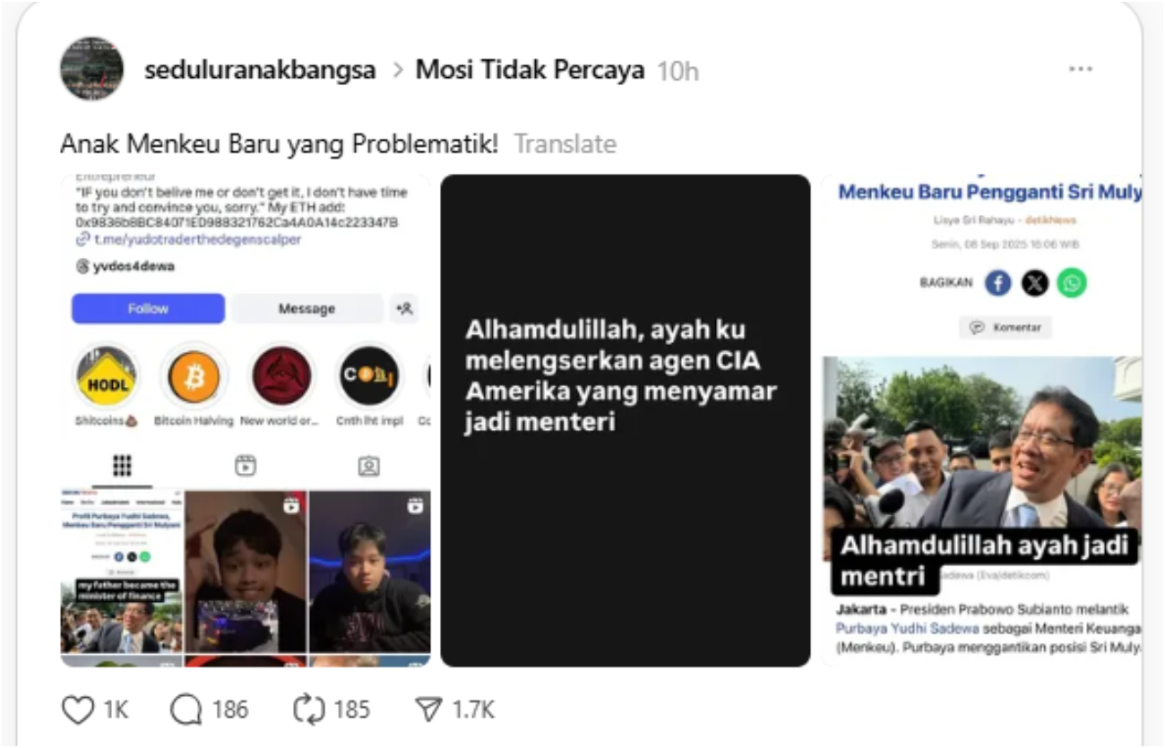 Unggahan anak Purbaya, Yudo Sadewa yang viral di Threads.
