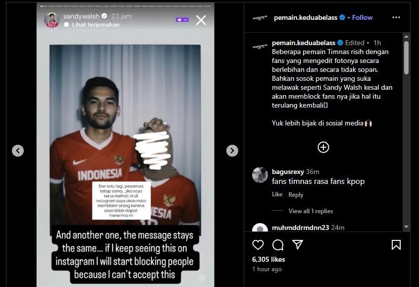 Pemain Timnas Indonesia Sandy Walsh menyampaikan kekesalan mereka setelah foto-fotonya diedit secara tidak pantas memakai Gemini AI.