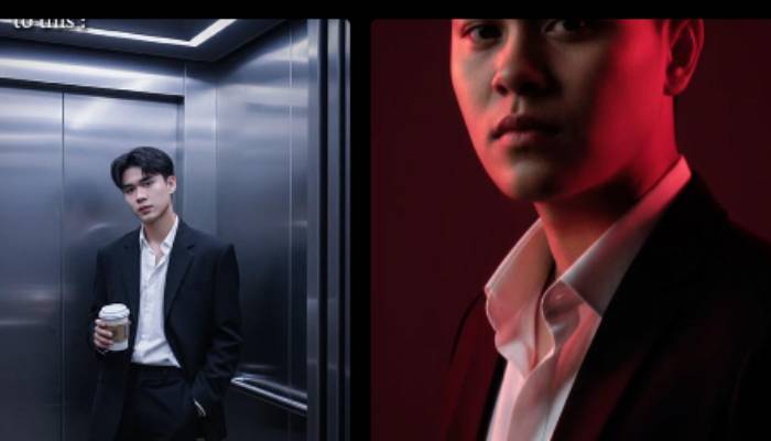 Prompt foto pakai jas di lift.