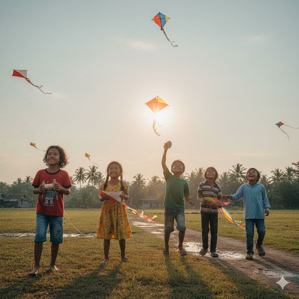 Main Layangan Bersama. Hasil Generator AI, Gemini AI Foto Masa Kecil.