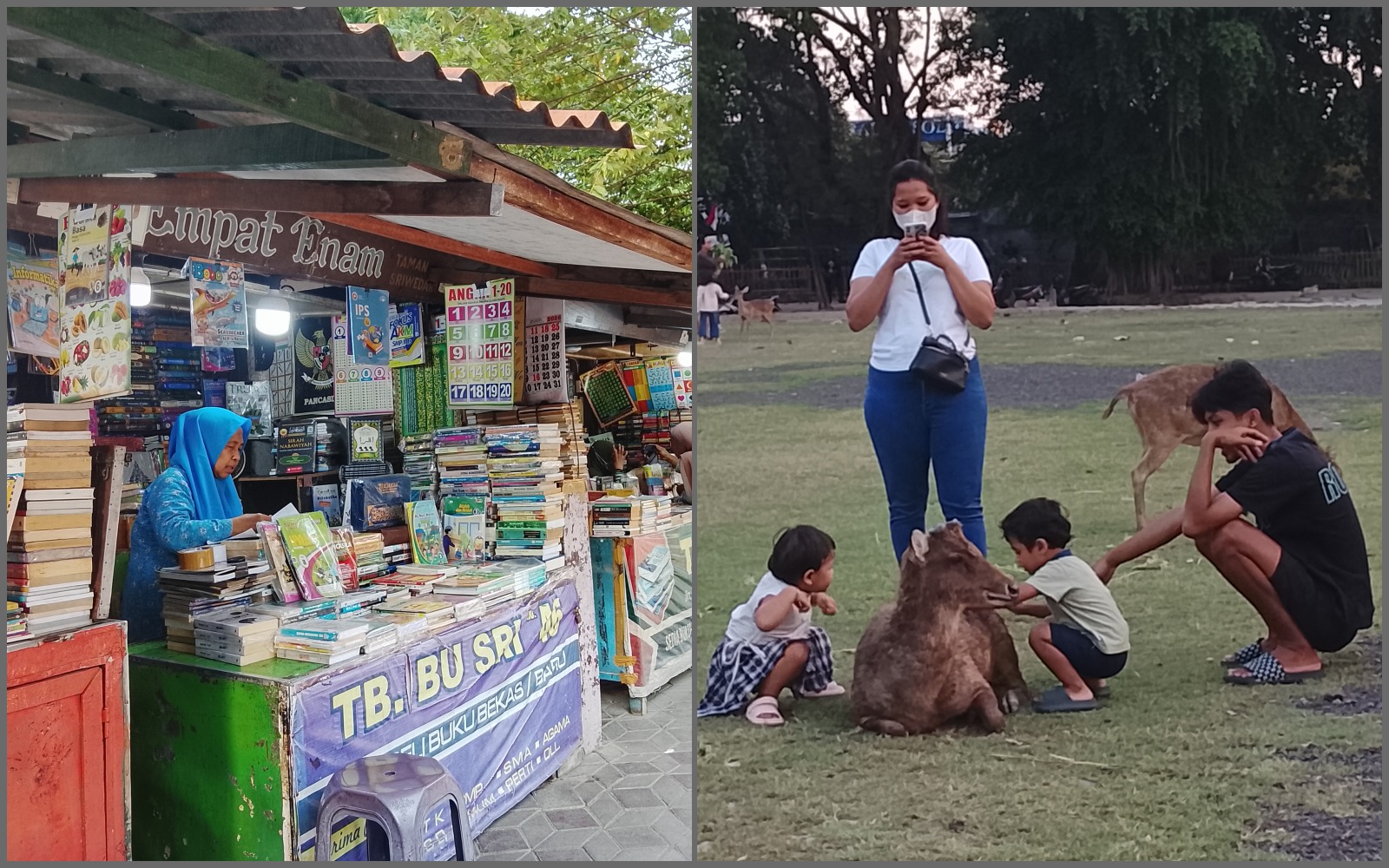 Suasana Kios Buku di Sriwedari (kiri) dan pengunjung menikmati sensasi memberi makan rusa secara langsung di Taman Sriwedari, Solo.