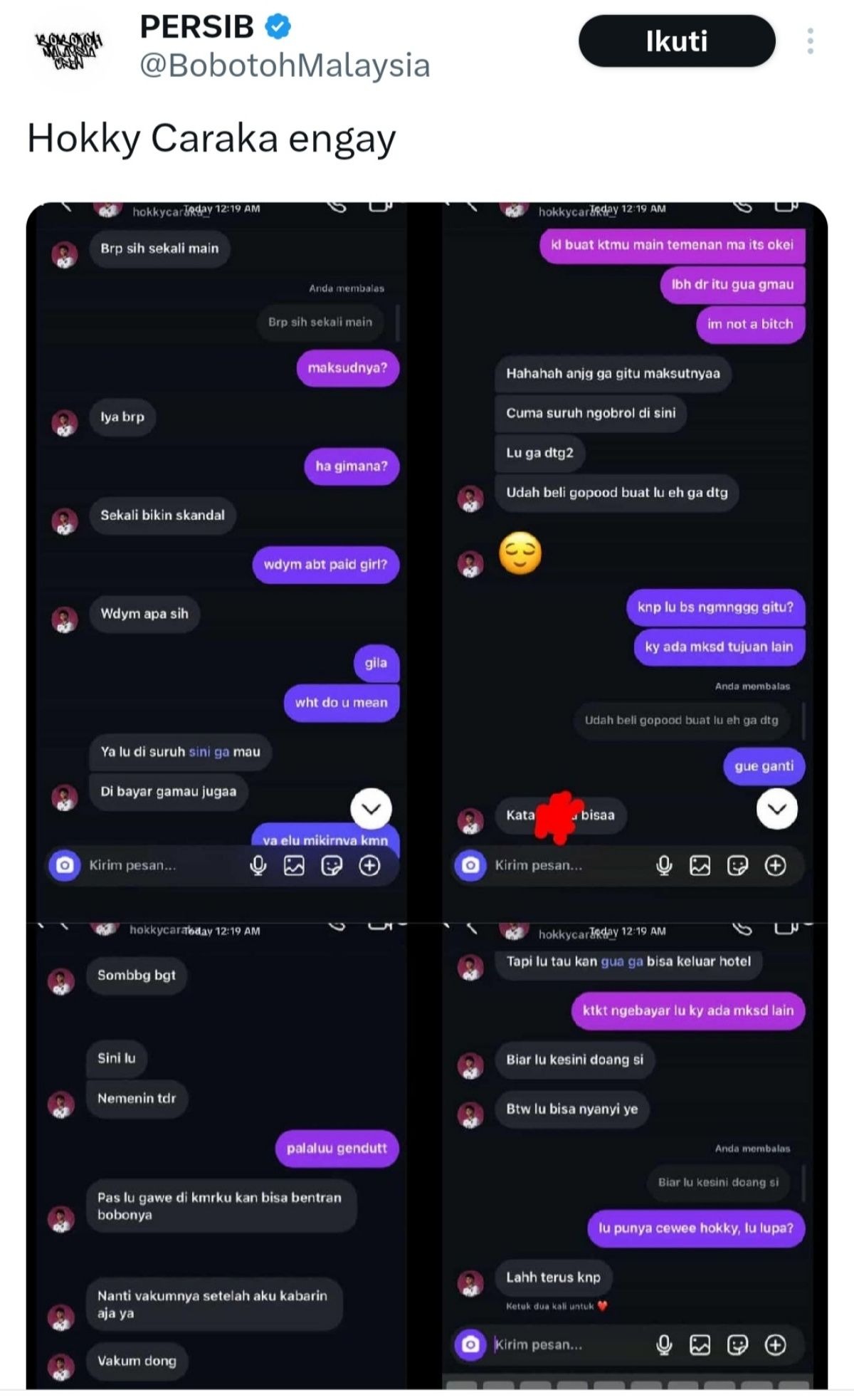 Tangkapan layar bukti chat yang diduga dilakukan Hokky Caraka.