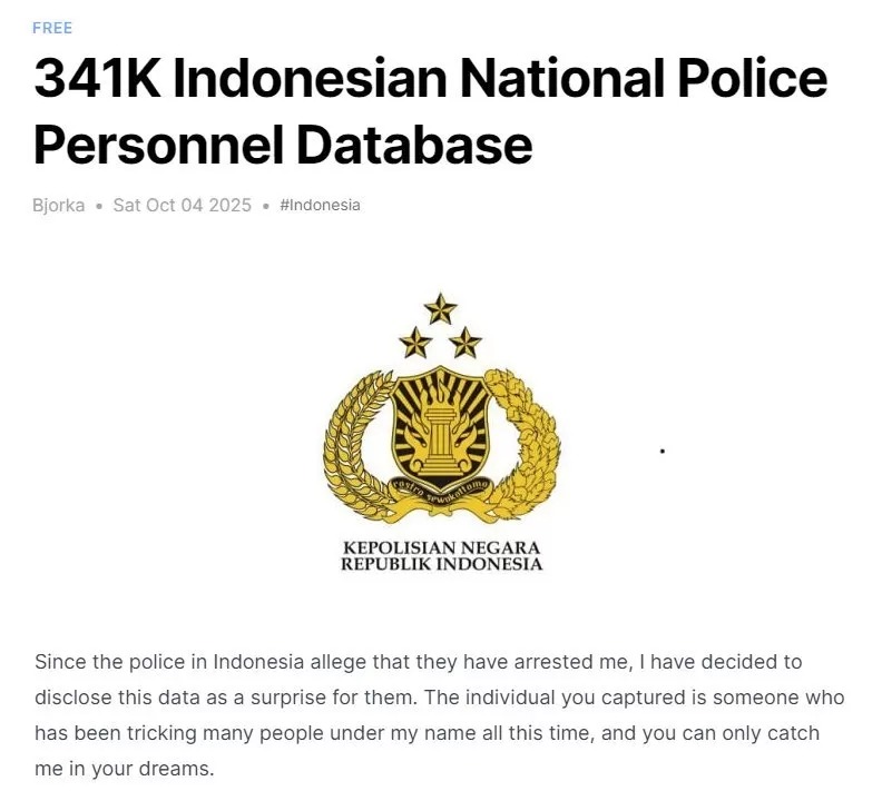 Screenshot klaim hacker Bjorka yang berhasil bobol data Polri.