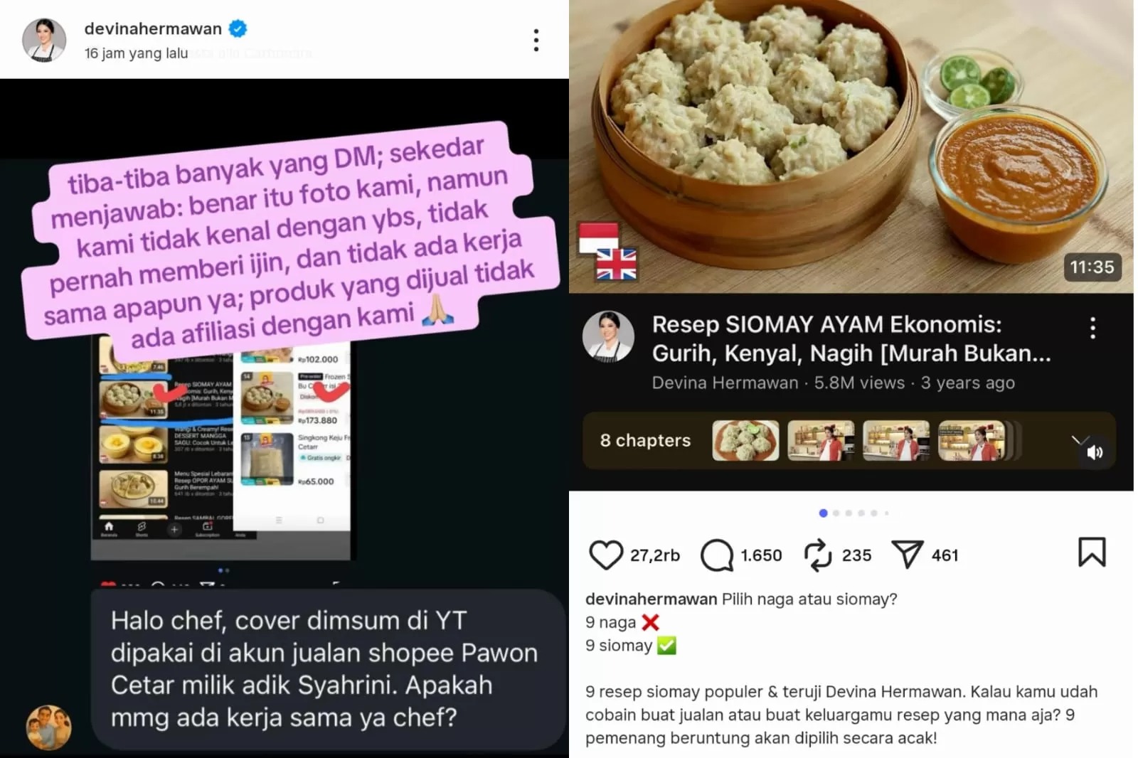 Aisyahrani adik Syahrini diduga mencatut foto milik Chef Devina Hermawan untuk promosi bisnis makanannya, Pawon Bu Cetar.