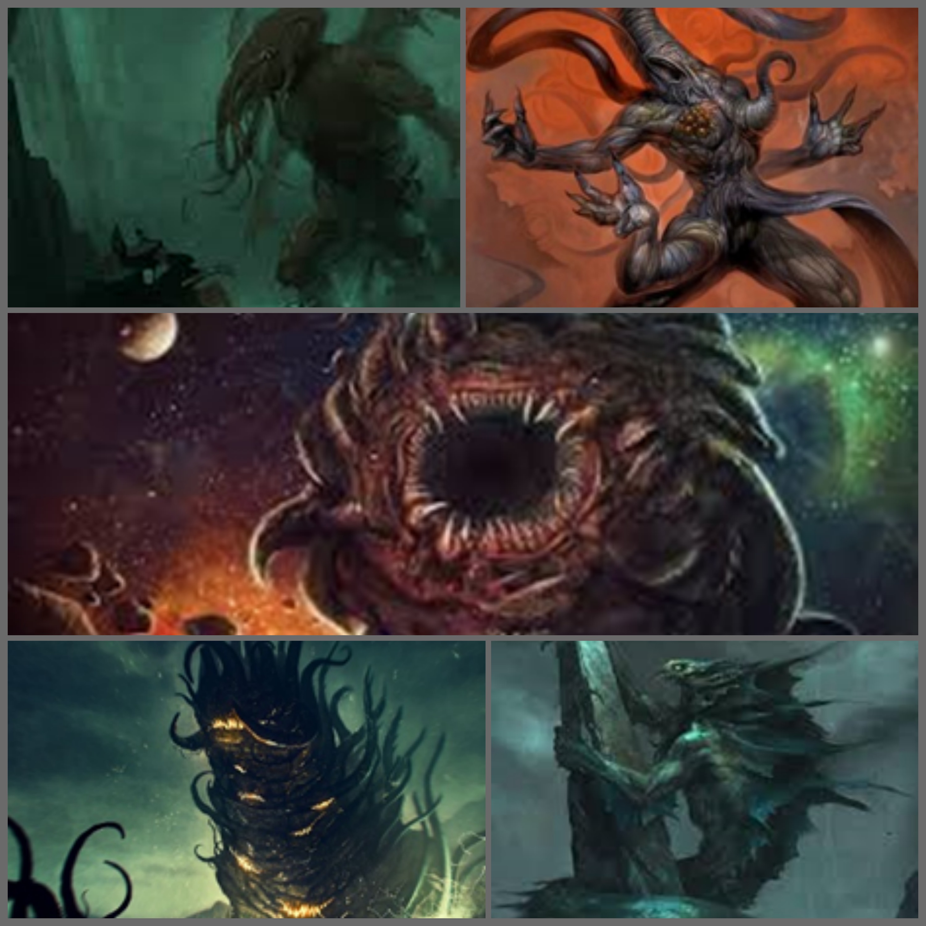 5 monster ikonik ciptaan H.P. Lovecraft: Cthulhu, Nyarlathotep, Azathoth (dewa idiot buta), Shub-Niggurath, dan Dagon. Pelopor horor cosmik.