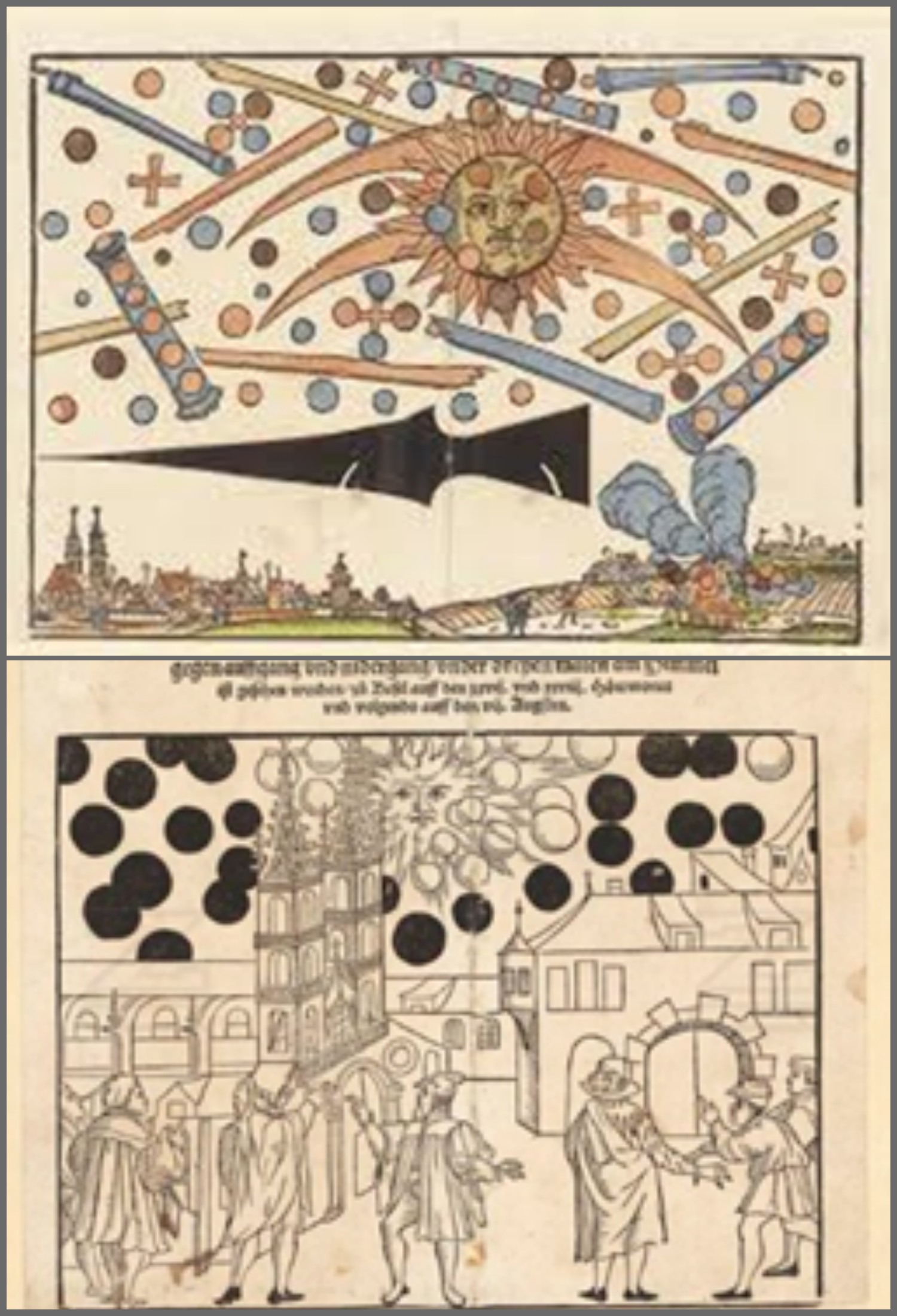(atas) Perang Langit di Nuremberg, Jerman yang dilaporkan dalam lembar berita lokal bernama Nuremberg Gazette. Ilustrasi Pamflet Kejadian di Basel, Swiss (bawah) .