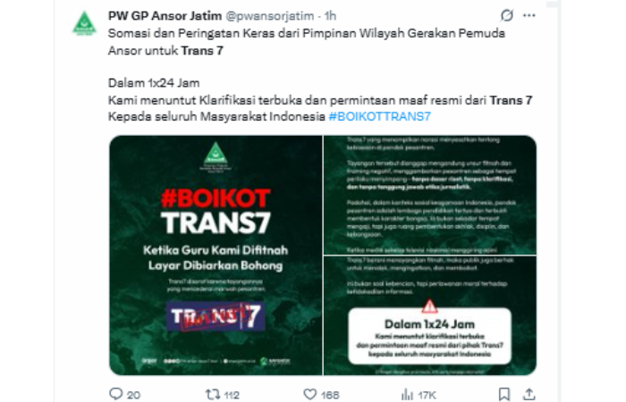 Tagar Boikot Trans7 viral di media sosial.