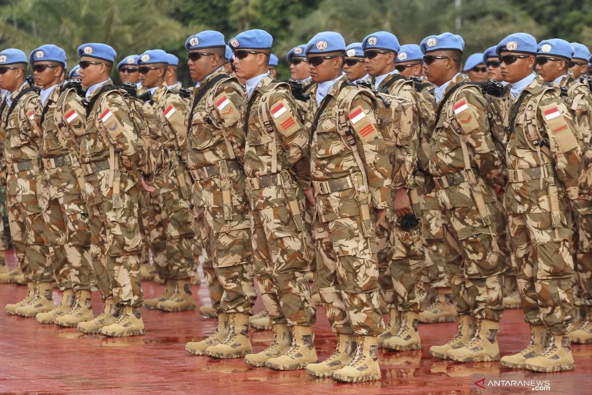 Anggota Pasukan Garuda dalam Satgas Kompi Zeni TNI Konga XX-Q MONUSCO mengikuti upacara pemberangkatan di Mabes TNI, Cilangkap, Jakarta, Kamis (30/1/2020).