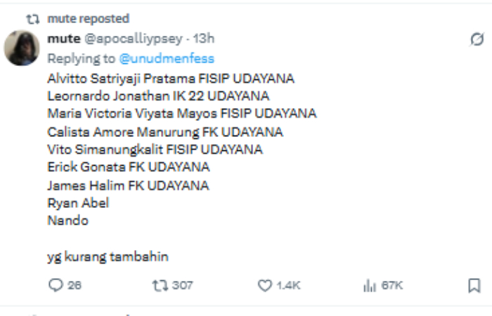 Netizen bongkar nama-nama terduga pelaku bullying kasus Timothy Anugrah mahasiswa Universitas Udayana Bali.