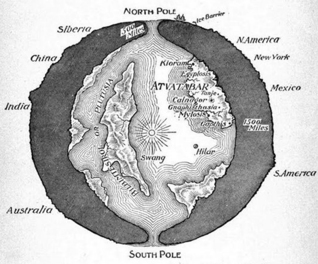 Sebuah penggambaran planet Bumi yang menampilkan "Dunia Bawah Tanah" Atvatabar, dari novel fiksi ilmiah tahun 1892 buatan William R. Bradshaw The Goddess of Atvatabar.