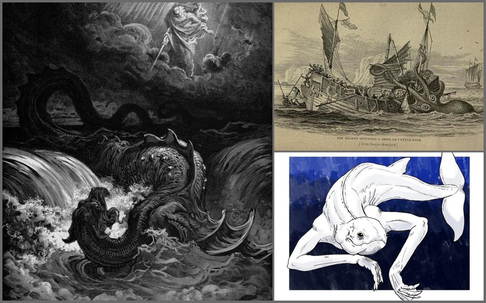 Kolase 3 monster laut melegenda: Leviathan (naga laut Ibrani), Kraken (cumi raksasa Skandinavia) & Ningen (makhluk putih dari Antartika).