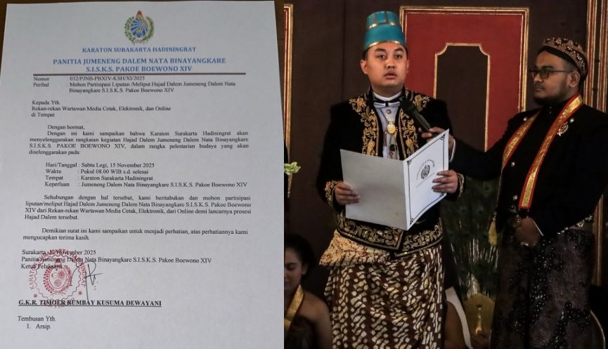 Surat undangan Jumenengan Gusti Purbaya sebagai raja Keraton Solo bergelar PB XIV. Foto kanan, Gusti Purbaya.