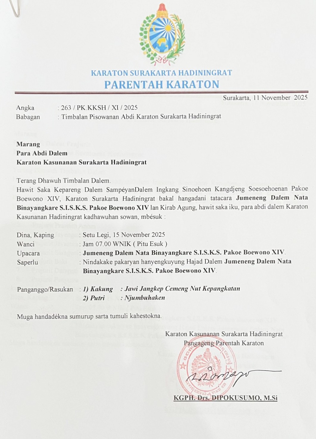 Keraton Solo edarkan instruksi resmi: Seluruh abdi dalem wajib hadir Jumenengan PB XIV Gusti Purbaya (15/11, 07.00 WIB).