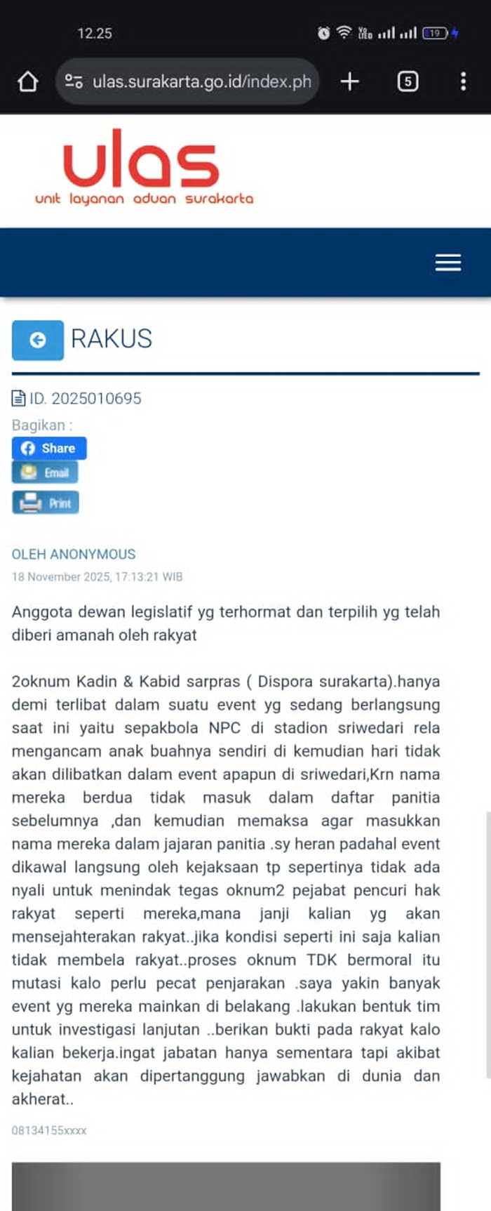 Laman Unit Layanan Aduan Surakarta (ULAS) kembali menerima aduan masyarakat