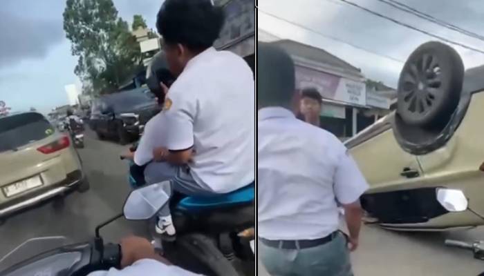 Kejar-kejaran anak SMA dengan mobil yang dituduh mesum hingga terguling.