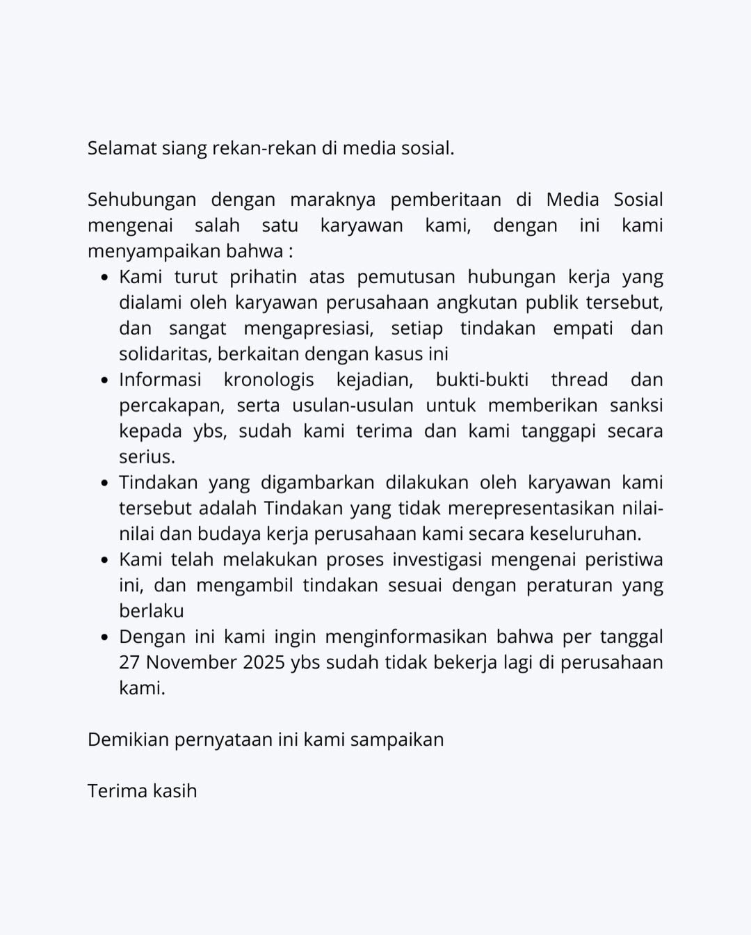 Pernyataan perusahaan terkait pemecatan Anita usai kasus tumbler tertinggal di KRL Commuter Line viral di media sosial.