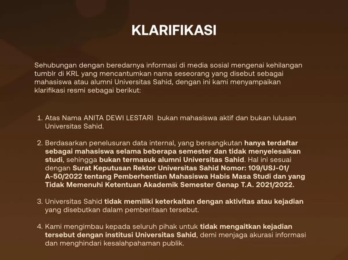 Tangkapan layar surat klarifikasi Universitas Sahid (Usahid) terkait Anita, pemilik akun Threads @anitadw.