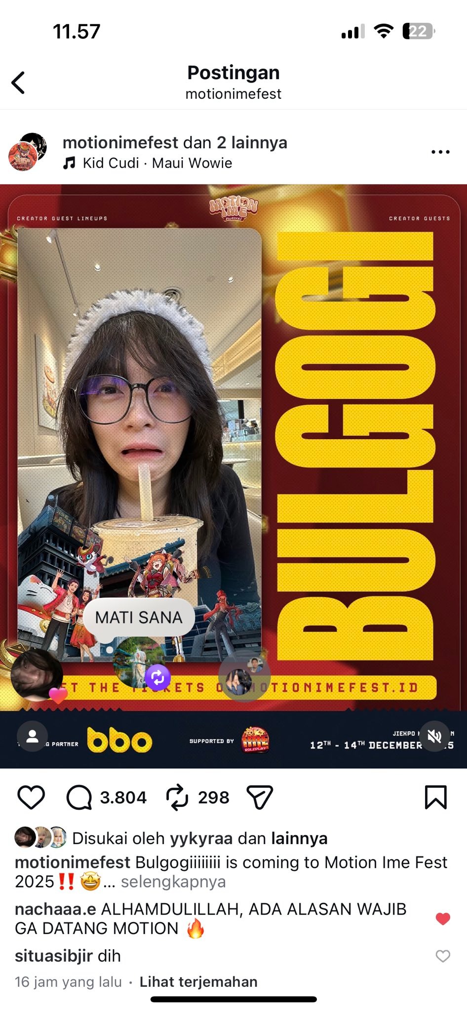 Bulgogifarts dikecam usai tampil dalam daftar bintang tamu Motion Ime Festival 2025.