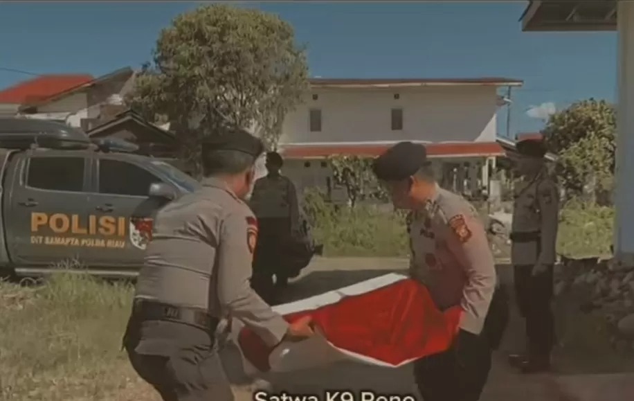 Anjing pelacak K-9 Polda Riau bernama Reno dimakamkan secara kedinasan.