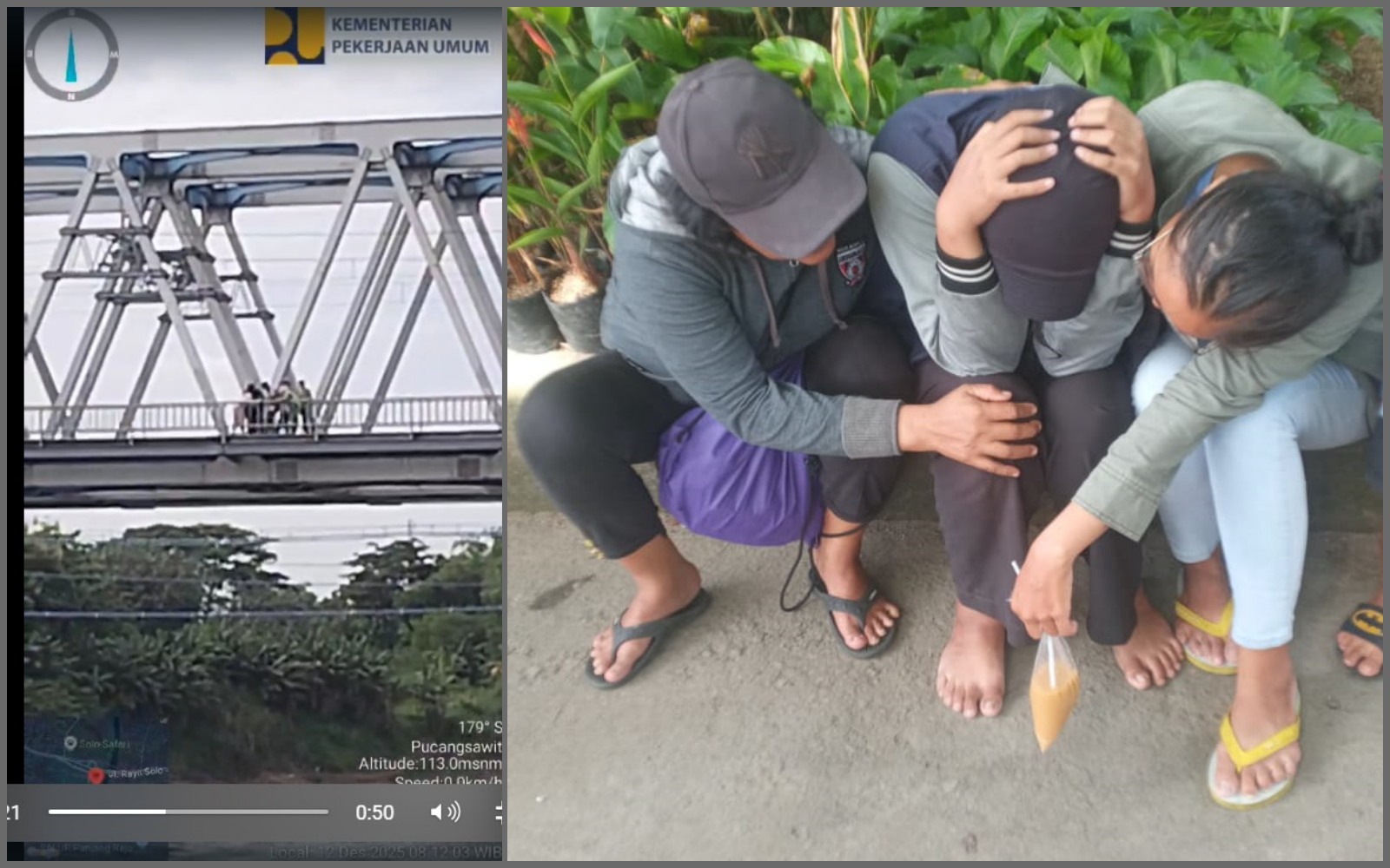 Kolase foto, aksi nekat remaja putri FB di Jembatan Jurug yang berhasil diselematkan relawan dan warga, Jumat (12/12/2025)