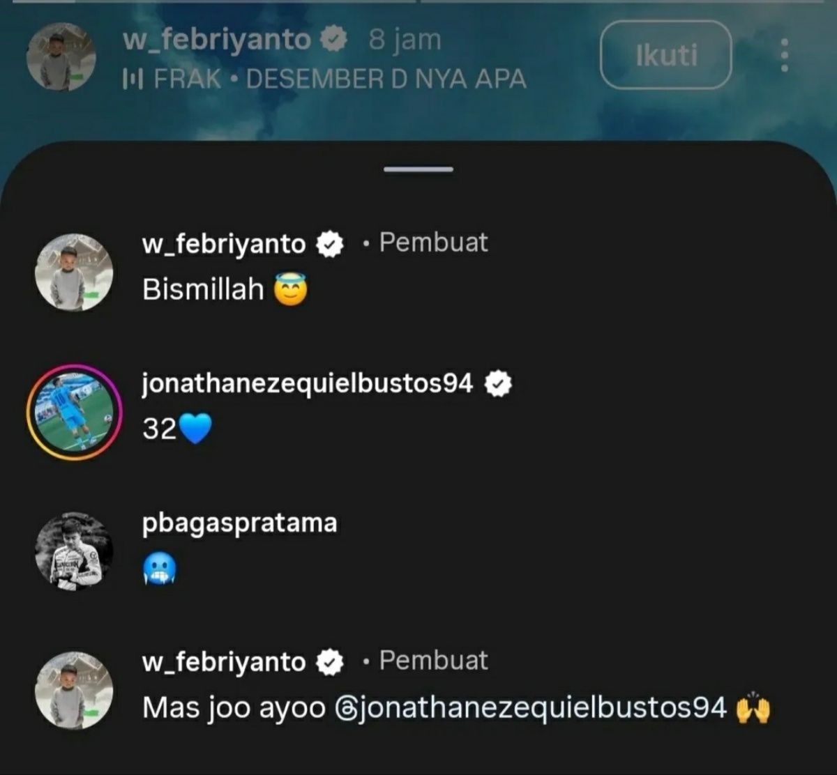 Screenshot interaksi Wawan Febriyanto dengan Jonathan Bustos yang tengah menjadi sorotan suporter PSIS Semarang dan Persela Lamongan.