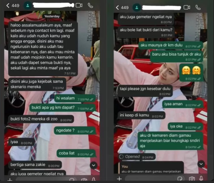 Diduga chat Safrie Ramadhan ke Aya soal dugaan perselingkuhan Yuka dan Jule.